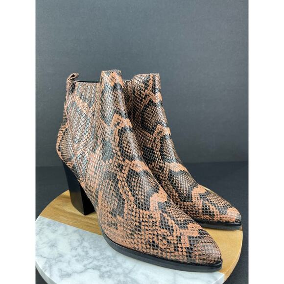 Marc Fisher LTD Alva Leather Snake Block Heel Slip On Bootie Brown/Black Size 10 - Picture 4 of 10